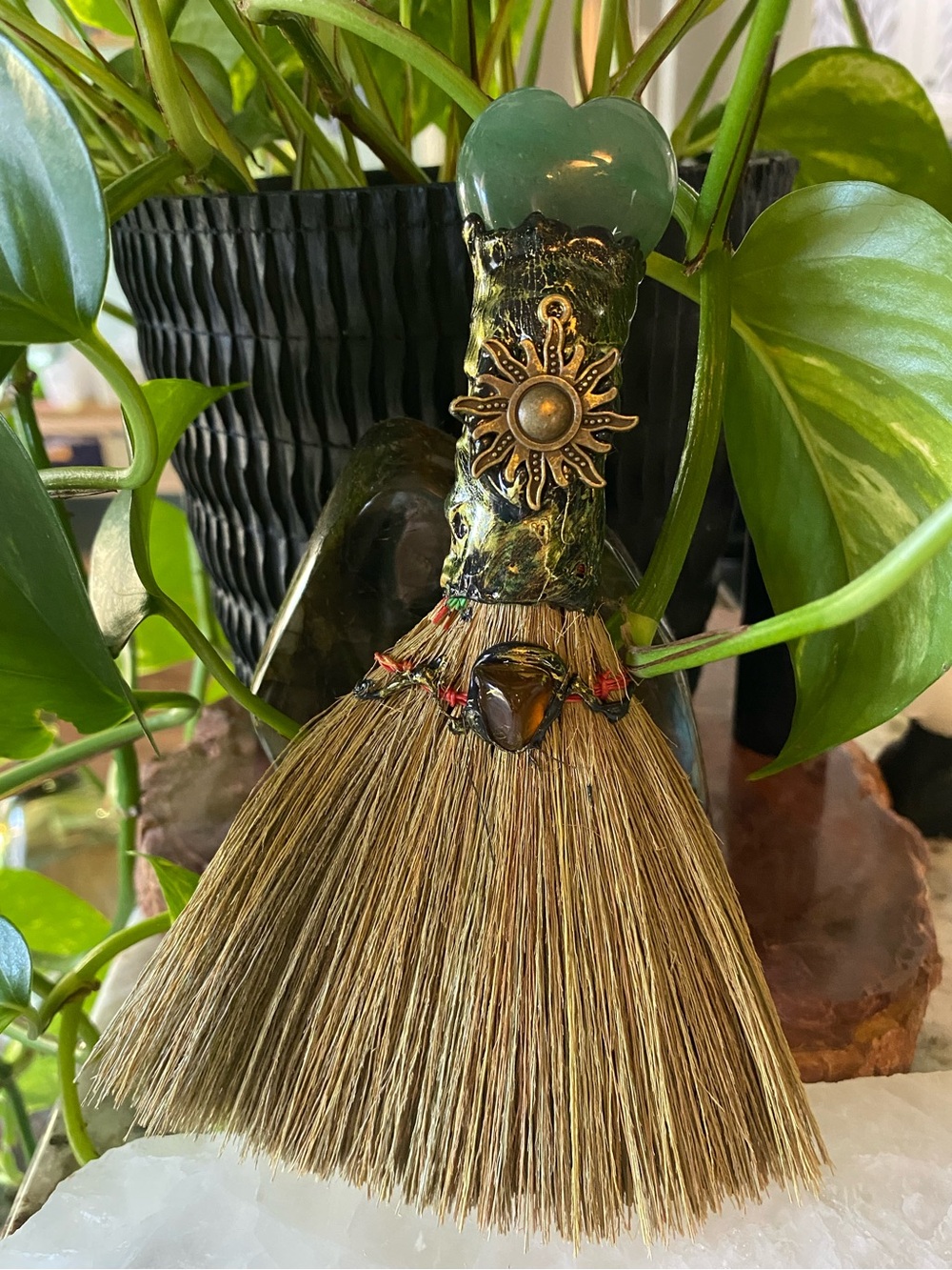Handcrafted Green Aventurine Crystal-topped Decorative Broom - Home Accents